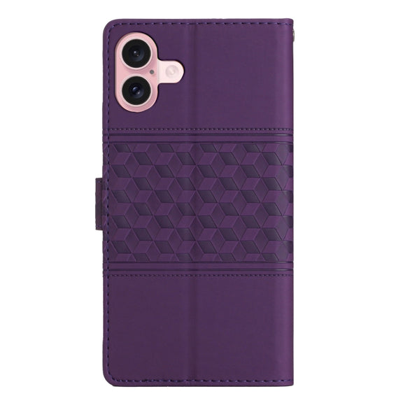 For iPhone 16 Diamond Embossed Skin Feel Leather Phone Case(Purple)