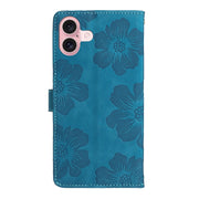 For iPhone 16 Plus Flower Embossing Pattern Leather Phone Case(Blue)