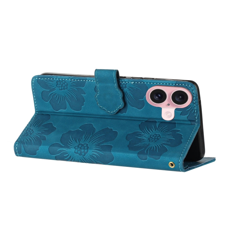 For iPhone 16 Plus Flower Embossing Pattern Leather Phone Case(Blue)