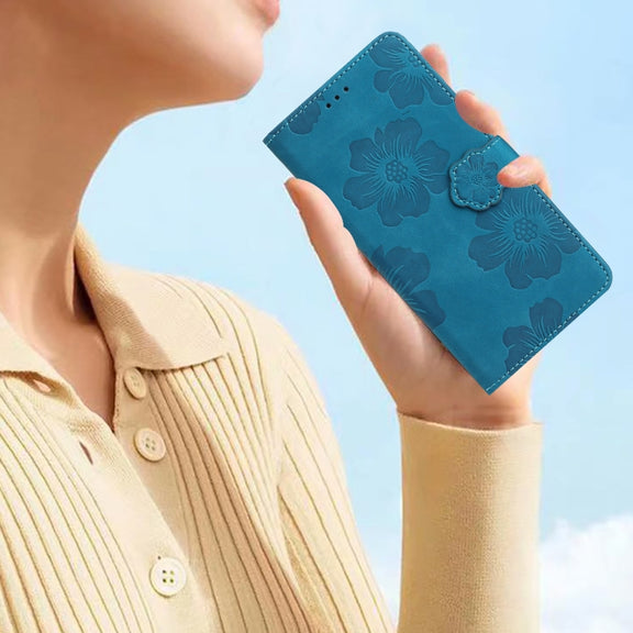 For iPhone 16 Plus Flower Embossing Pattern Leather Phone Case(Blue)
