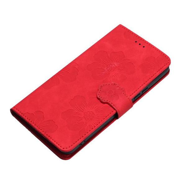 For iPhone 16e Flower Embossing Pattern Leather Phone Case(Red)