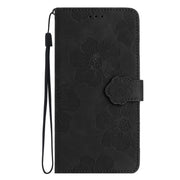 For iPhone 16e Flower Embossing Pattern Leather Phone Case(Black)