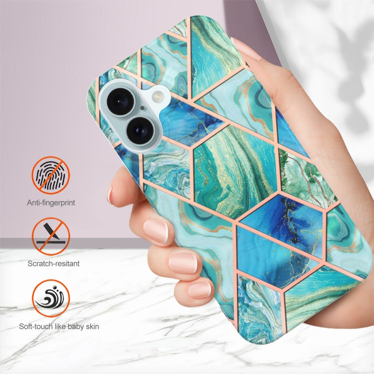 For iPhone 16 Plus Electroplating Splicing Marble Flower Pattern Dual-side IMD TPU Shockproof Phone Case(Green) - free shipping - PMC TechLife - Order now!