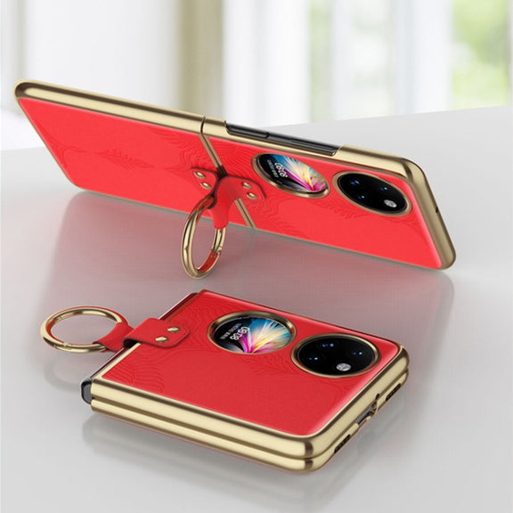 For Huawei P50 Pocket Electroplated Embossed Leather Phone Case with Ring(Pink)
