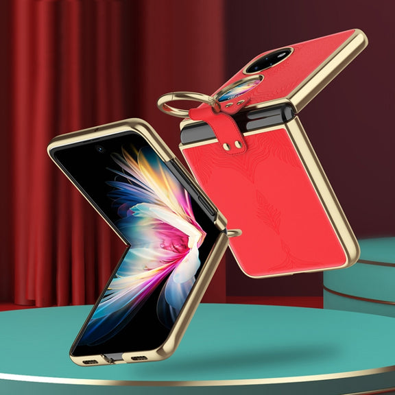 For Huawei P50 Pocket Electroplated Embossed Leather Phone Case with Ring(Red)