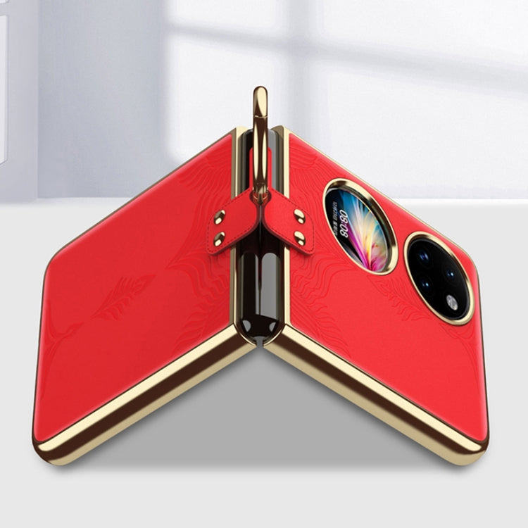 For Huawei P50 Pocket Electroplated Embossed Leather Phone Case with Ring(Red)