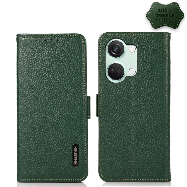 For OnePlus Nord 3 KHAZNEH Side-Magnetic Litchi Genuine Leather RFID Phone Case(Green) - OnePlus Cases by PMC TechLife | Online Shopping South Africa | PMC TechLife | Buy Now Pay Later Mobicred