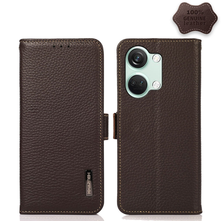 For OnePlus Nord 3 KHAZNEH Side-Magnetic Litchi Genuine Leather RFID Phone Case(Brown) - OnePlus Cases by PMC TechLife | Online Shopping South Africa | PMC TechLife | Buy Now Pay Later Mobicred