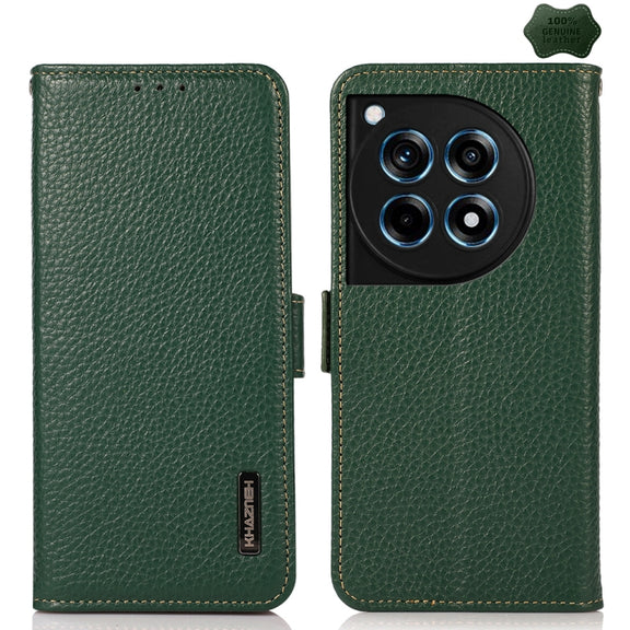 For OnePlus 12R KHAZNEH Side-Magnetic Litchi Genuine Leather RFID Phone Case(Green)