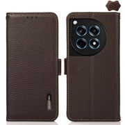 For OnePlus 12R KHAZNEH Side-Magnetic Litchi Genuine Leather RFID Phone Case(Brown)