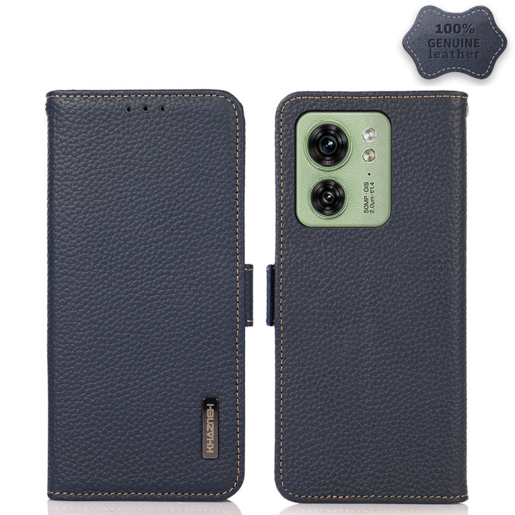 For Motorola Edge 40 KHAZNEH Side-Magnetic Litchi Genuine Leather RFID Phone Case(Blue) - Motorola Cases by PMC TechLife | Online Shopping South Africa | PMC TechLife | Buy Now Pay Later Mobicred