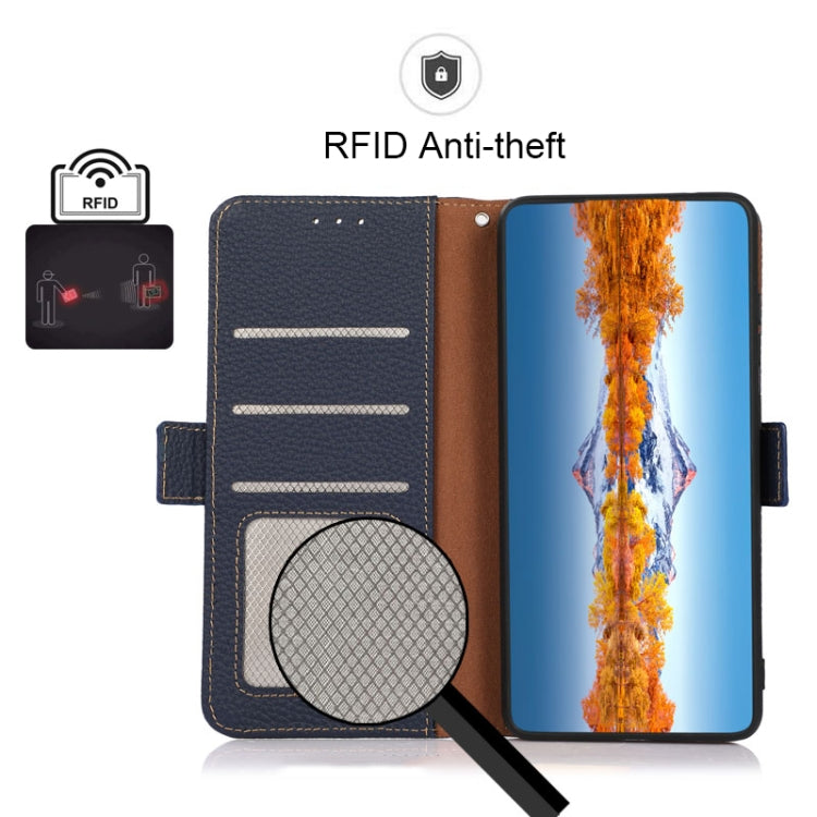 For Motorola Edge 40 KHAZNEH Side-Magnetic Litchi Genuine Leather RFID Phone Case(Blue) - Motorola Cases by PMC TechLife | Online Shopping South Africa | PMC TechLife | Buy Now Pay Later Mobicred