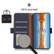 For Motorola Edge 40 KHAZNEH Side-Magnetic Litchi Genuine Leather RFID Phone Case(Blue)