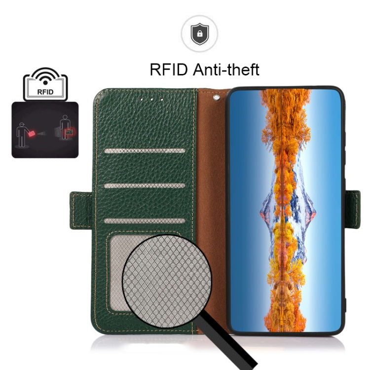 For Motorola Edge 40 KHAZNEH Side-Magnetic Litchi Genuine Leather RFID Phone Case(Green)