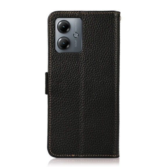 For Motorola Moto G14 4G KHAZNEH Side-Magnetic Litchi Genuine Leather RFID Phone Case(Black)