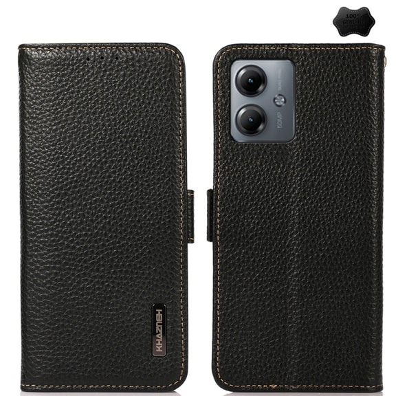 For Motorola Moto G14 4G KHAZNEH Side-Magnetic Litchi Genuine Leather RFID Phone Case(Black)