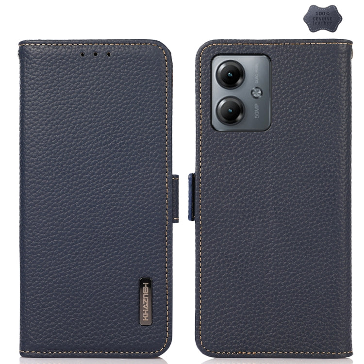 For Motorola Moto G14 4G KHAZNEH Side-Magnetic Litchi Genuine Leather RFID Phone Case(Blue) - Motorola Cases by PMC TechLife | Online Shopping South Africa | PMC TechLife | Buy Now Pay Later Mobicred