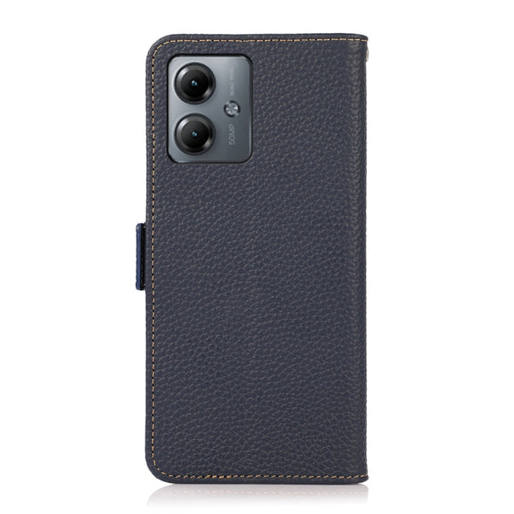For Motorola Moto G14 4G KHAZNEH Side-Magnetic Litchi Genuine Leather RFID Phone Case(Blue)