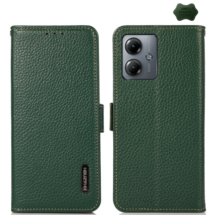 For Motorola Moto G14 4G KHAZNEH Side-Magnetic Litchi Genuine Leather RFID Phone Case(Green) - Motorola Cases by PMC TechLife | Online Shopping South Africa | PMC TechLife | Buy Now Pay Later Mobicred