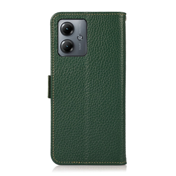 For Motorola Moto G14 4G KHAZNEH Side-Magnetic Litchi Genuine Leather RFID Phone Case(Green)