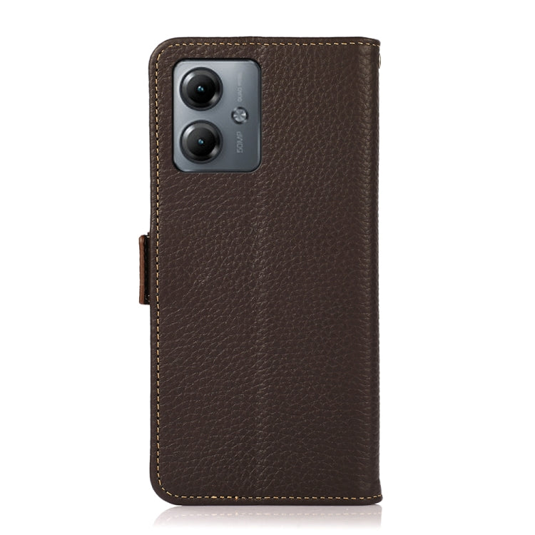 For Motorola Moto G14 4G KHAZNEH Side-Magnetic Litchi Genuine Leather RFID Phone Case(Brown)
