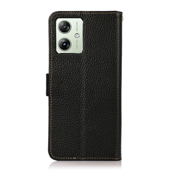 For Motorola Moto G54 5G KHAZNEH Side-Magnetic Litchi Genuine Leather RFID Phone Case(Black)