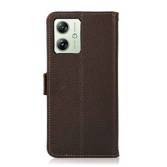 For Motorola Moto G54 5G KHAZNEH Side-Magnetic Litchi Genuine Leather RFID Phone Case(Brown)