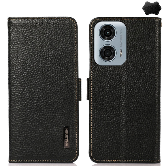 For Motorola Moto G24 KHAZNEH Side-Magnetic Litchi Genuine Leather RFID Phone Case(Black)