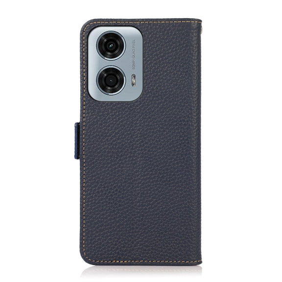 For Motorola Moto G24 KHAZNEH Side-Magnetic Litchi Genuine Leather RFID Phone Case(Blue)