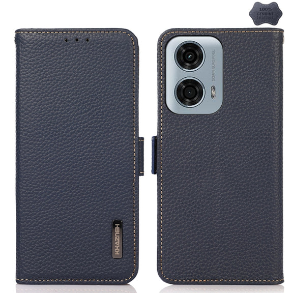For Motorola Moto G24 KHAZNEH Side-Magnetic Litchi Genuine Leather RFID Phone Case(Blue)