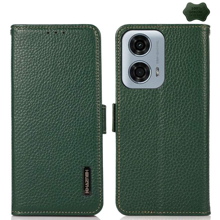 For Motorola Moto G24 KHAZNEH Side-Magnetic Litchi Genuine Leather RFID Phone Case(Green) - Motorola Cases by PMC TechLife | Online Shopping South Africa | PMC TechLife | Buy Now Pay Later Mobicred