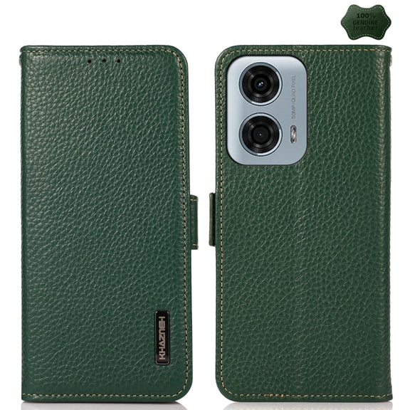 For Motorola Moto G24 KHAZNEH Side-Magnetic Litchi Genuine Leather RFID Phone Case(Green)