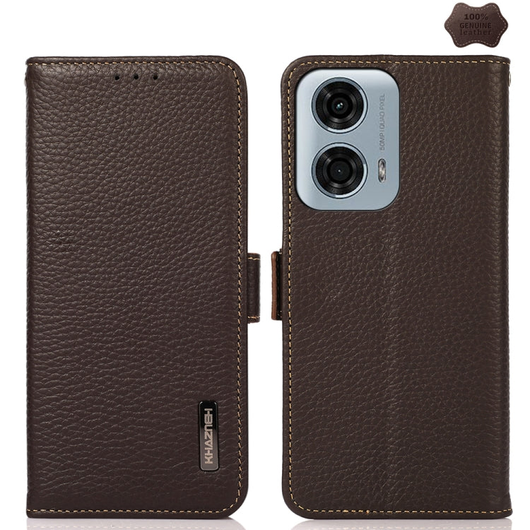 For Motorola Moto G24 KHAZNEH Side-Magnetic Litchi Genuine Leather RFID Phone Case(Brown) - Motorola Cases by PMC TechLife | Online Shopping South Africa | PMC TechLife | Buy Now Pay Later Mobicred