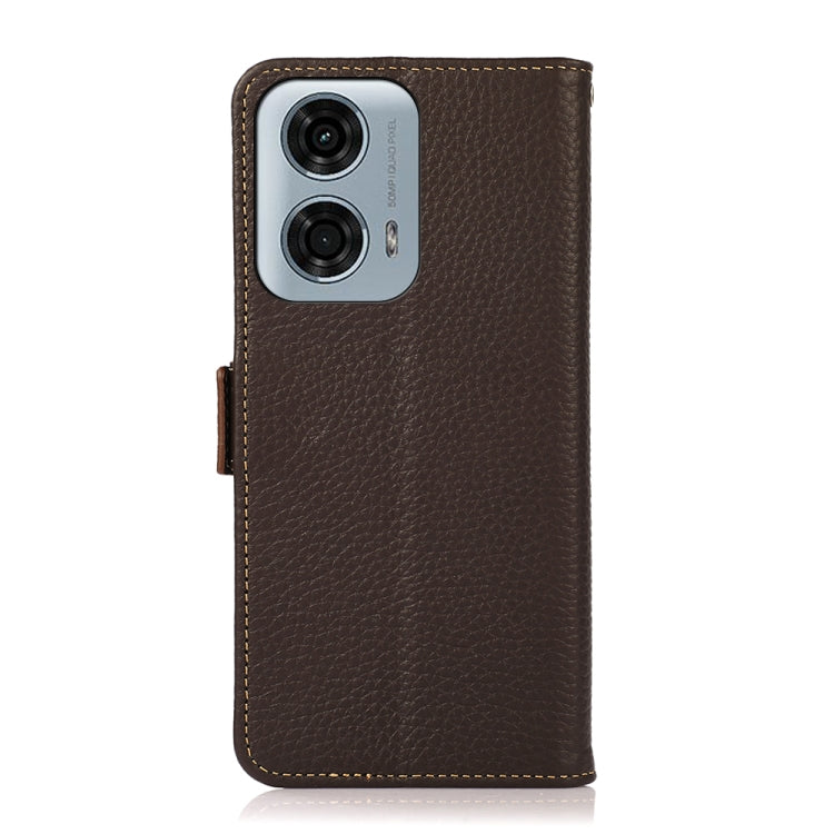 For Motorola Moto G24 KHAZNEH Side-Magnetic Litchi Genuine Leather RFID Phone Case(Brown)