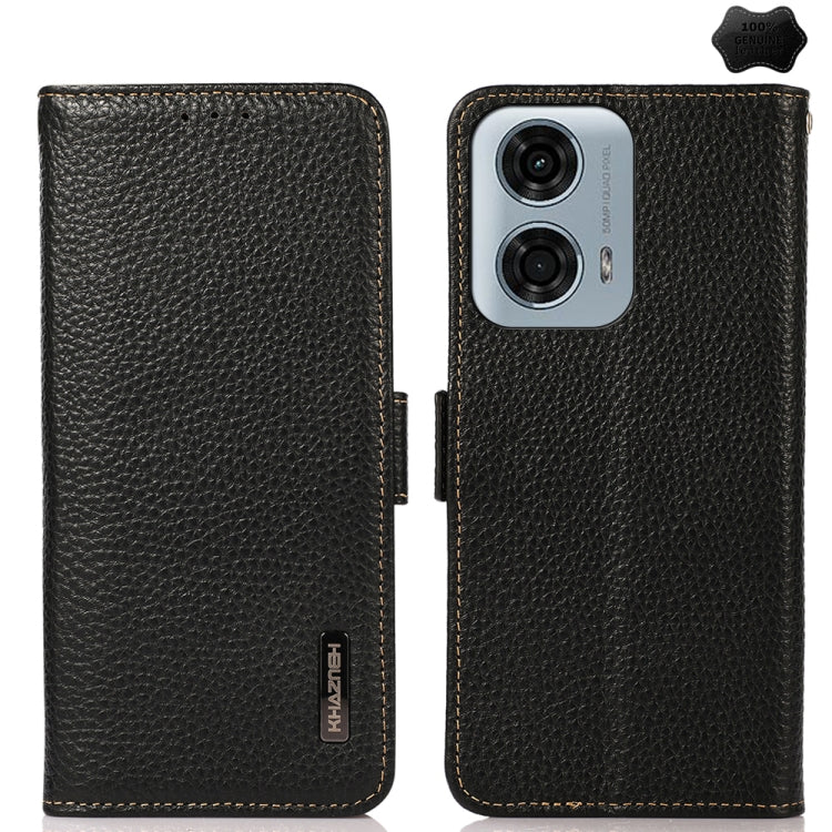 For Motorola Moto G34 KHAZNEH Side-Magnetic Litchi Genuine Leather RFID Phone Case(Black) - Motorola Cases by PMC TechLife | Online Shopping South Africa | PMC TechLife | Buy Now Pay Later Mobicred