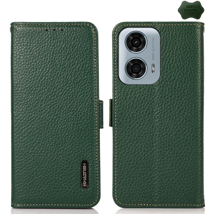 For Motorola Moto G34 KHAZNEH Side-Magnetic Litchi Genuine Leather RFID Phone Case(Green) - free shipping - PMC TechLife - Order now!