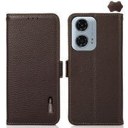 For Motorola Moto G34 KHAZNEH Side-Magnetic Litchi Genuine Leather RFID Phone Case(Brown)