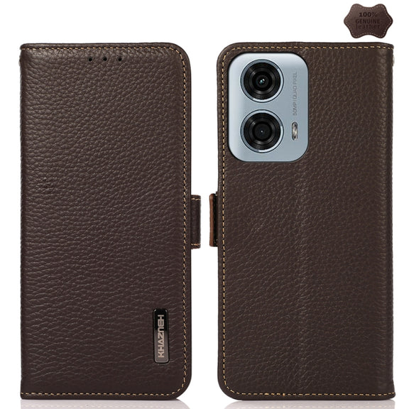 For Motorola Moto G34 KHAZNEH Side-Magnetic Litchi Genuine Leather RFID Phone Case(Brown)