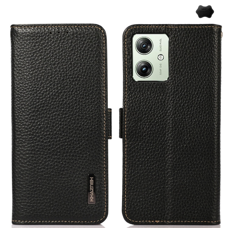 For Motorola Moto G64 5G KHAZNEH Side-Magnetic Litchi Genuine Leather RFID Phone Case(Black) - Motorola Cases by PMC TechLife | Online Shopping South Africa | PMC TechLife | Buy Now Pay Later Mobicred