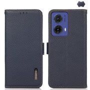 For Motorola Moto G85 KHAZNEH Side-Magnetic Litchi Genuine Leather RFID Phone Case(Blue)