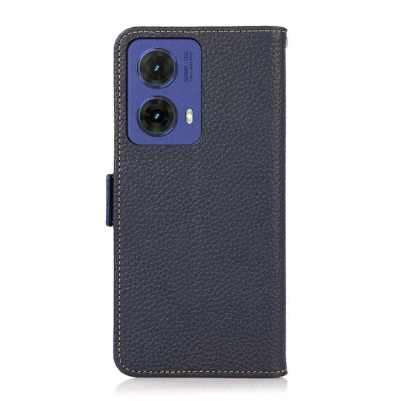 For Motorola Moto G85 KHAZNEH Side-Magnetic Litchi Genuine Leather RFID Phone Case(Blue)