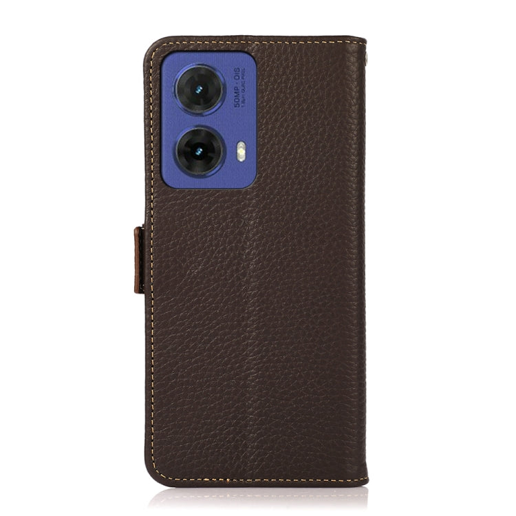 For Motorola Moto G85 KHAZNEH Side-Magnetic Litchi Genuine Leather RFID Phone Case(Brown)