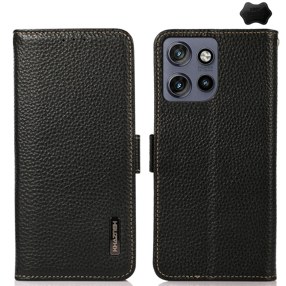 For Motorola Edge 50 Neo 5G / Moto S50 5G KHAZNEH Side-Magnetic Litchi Genuine Leather RFID Phone Case(Black)