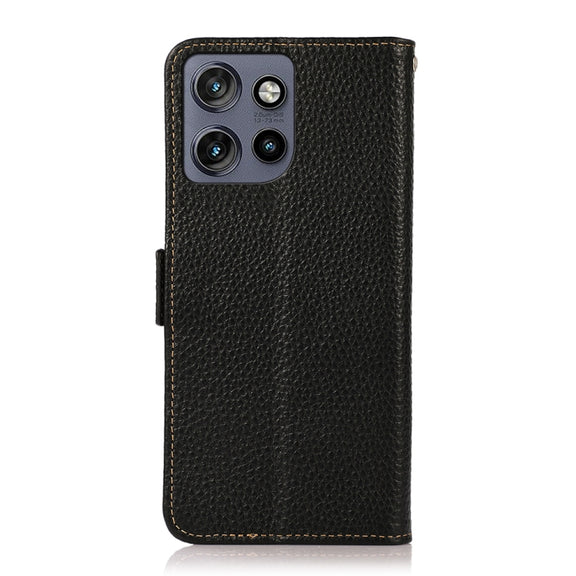 For Motorola Edge 50 5G KHAZNEH Side-Magnetic Litchi Genuine Leather RFID Phone Case(Black)