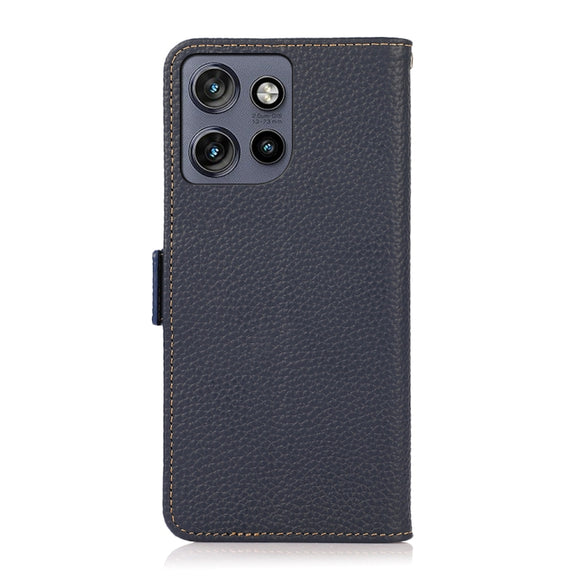 For Motorola Edge 50 5G KHAZNEH Side-Magnetic Litchi Genuine Leather RFID Phone Case(Blue)