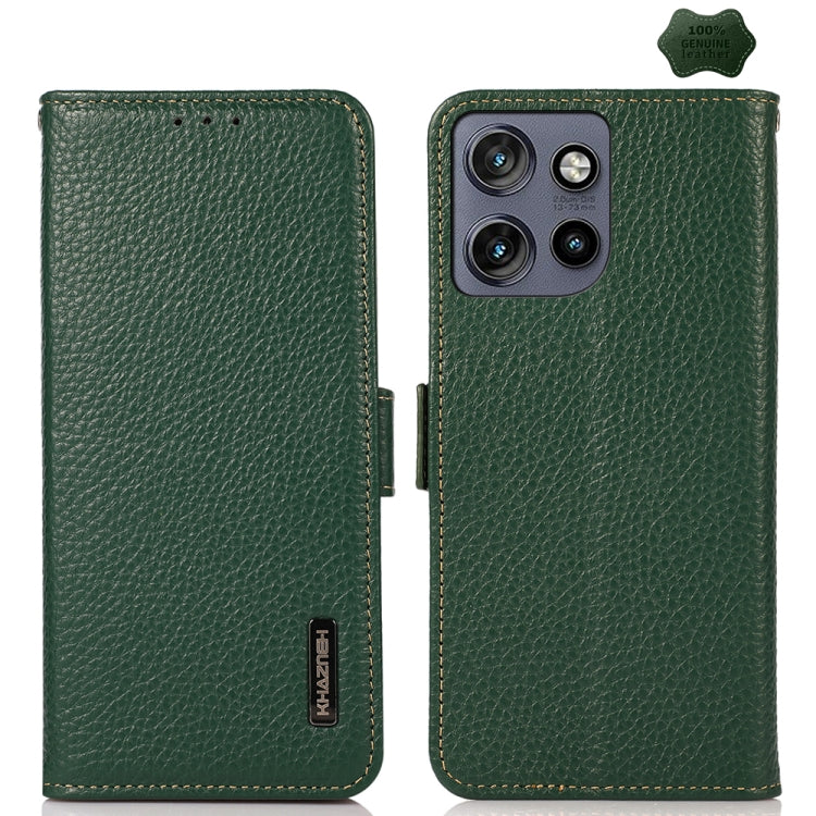 For Motorola Edge 50 5G KHAZNEH Side-Magnetic Litchi Genuine Leather RFID Phone Case(Green) - Motorola Cases by PMC TechLife | Online Shopping South Africa | PMC TechLife | Buy Now Pay Later Mobicred