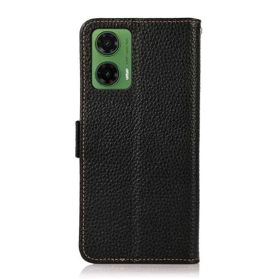 For Motorola Moto G35 KHAZNEH Side-Magnetic Litchi Genuine Leather RFID Phone Case(Black)