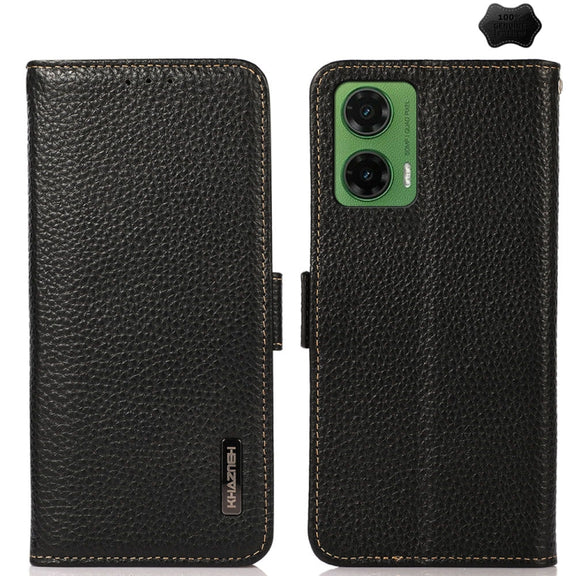 For Motorola Moto G35 KHAZNEH Side-Magnetic Litchi Genuine Leather RFID Phone Case(Black)