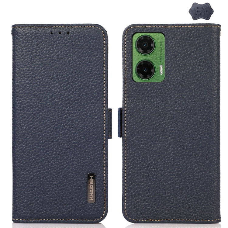 For Motorola Moto G35 KHAZNEH Side-Magnetic Litchi Genuine Leather RFID Phone Case(Blue) - Motorola Cases by PMC TechLife | Online Shopping South Africa | PMC TechLife | Buy Now Pay Later Mobicred