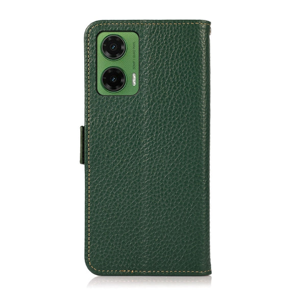 For Motorola Moto G35 KHAZNEH Side-Magnetic Litchi Genuine Leather RFID Phone Case(Green)